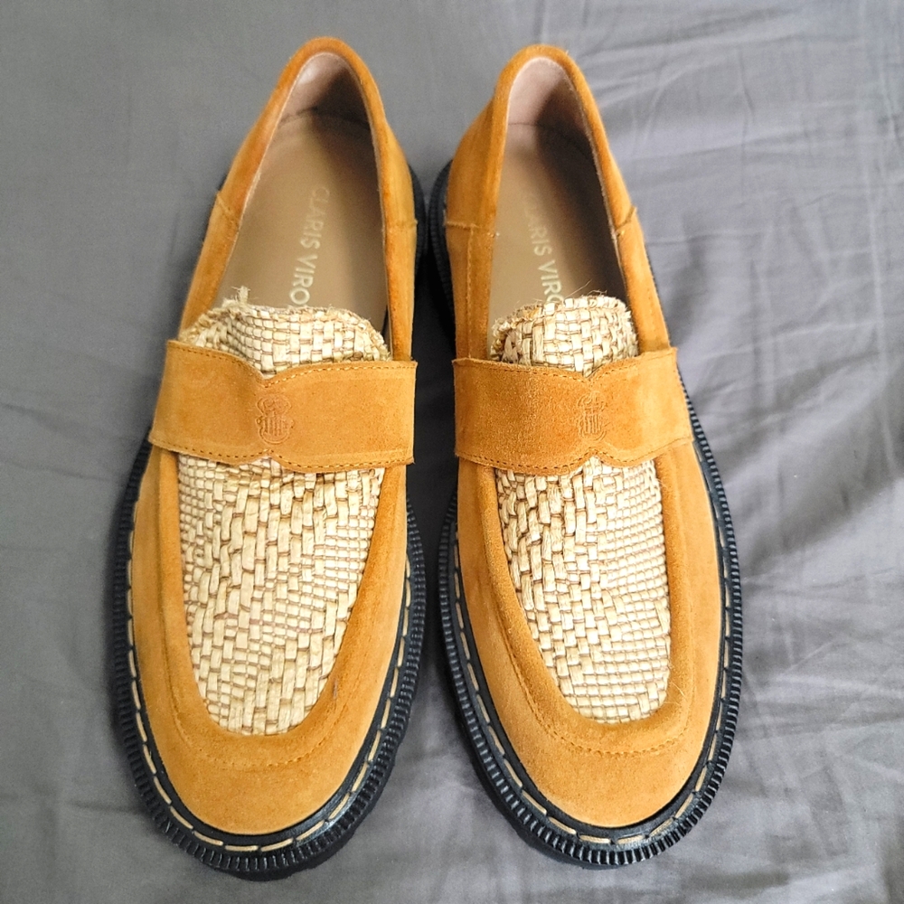 Claris Virot Mia Moccasins Pecan Brown Suede Calfskin Raffia Square Toe Size 38